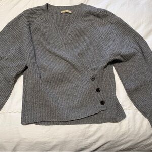 Gray V-Neck Buttoned Women Sweater